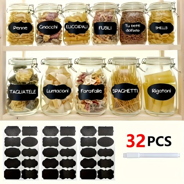 32-piece food storage container set with clear lids and labels for easy organization and storage.