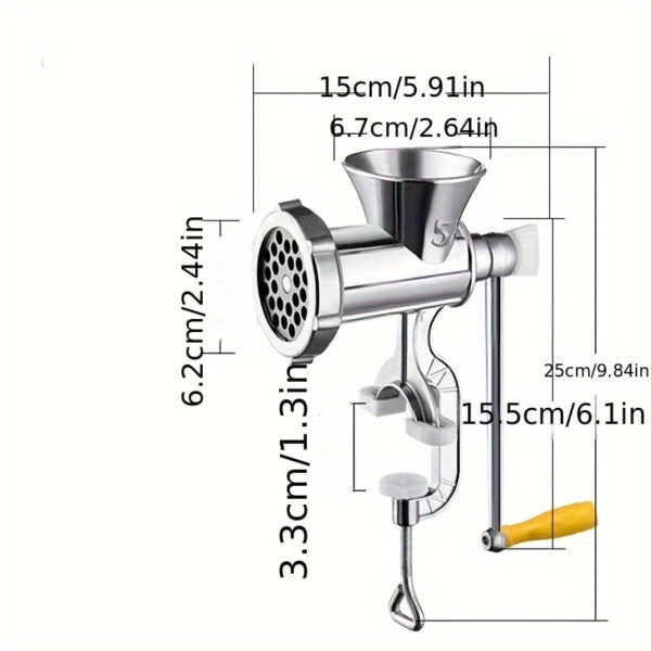 Manual Meat Grinder and Food Processor with stainless steel components and hand crank.