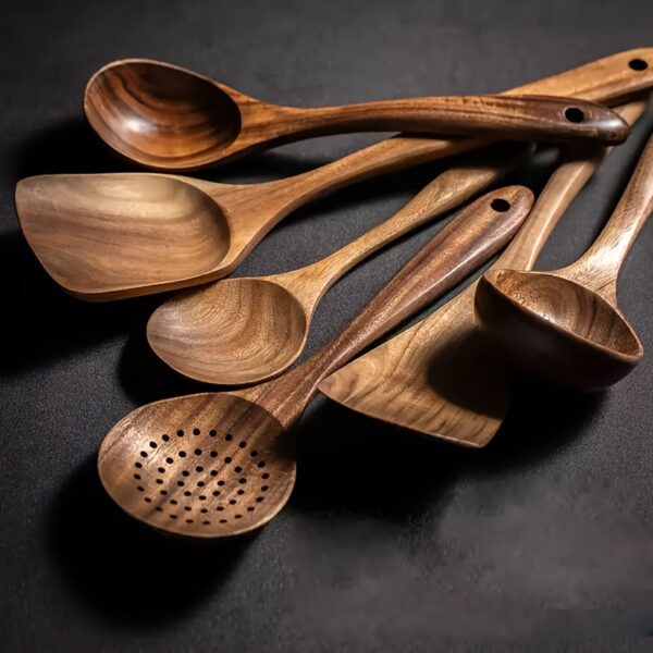 Wooden Cooking Utensil Set including spoons, spatula, and turner, perfect for non-stick cookware