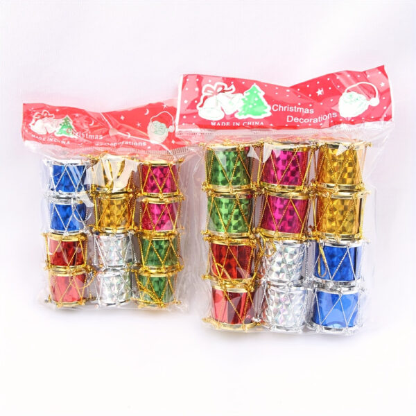 12 festive Christmas drum ornaments in mixed colors, perfect for decorating a holiday tree.