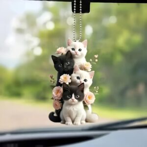 Charming Acrylic Cat & Floral Hanging Ornament - Versatile 2D Decor for Car Rearview Mirror, Bags, Keychains - Perfect Couple's Gift & Holiday Accessory.