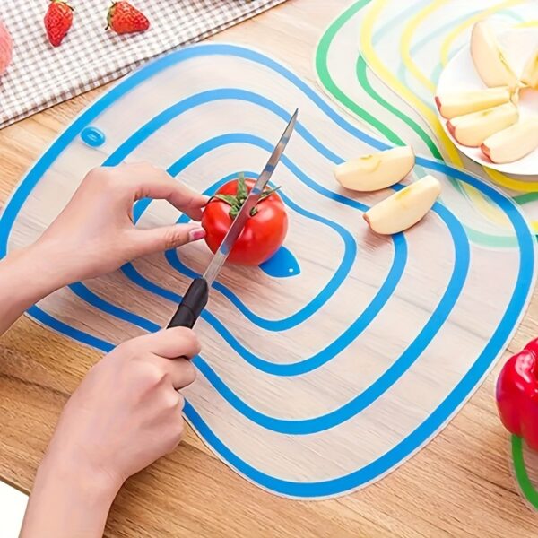 Portable, bendable cutting board designed for versatile use in the kitchen, with flexible, lightweight material.