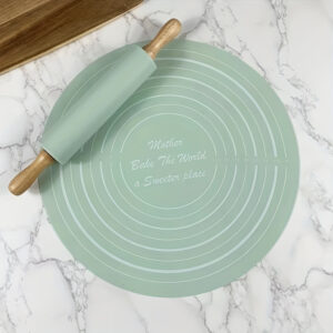 Rolling pin and pastry mat set for baking, with easy-to-use surface for rolling dough.