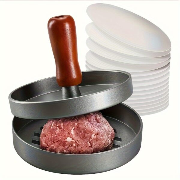 Manual non-stick hamburger meat press for home kitchen, breakfast pancake maker, and hamburger patty mold.