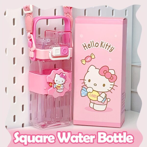 Sanrio Hello Kitty leak-proof square water bottle with straw, flip cap, and handle, portable sports bottle for girls, perfect for school and outdoor activities.