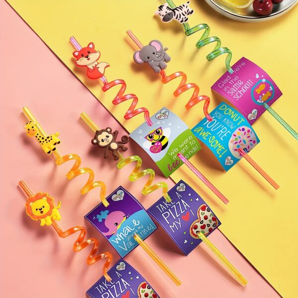 Set of 6 cartoon animal reusable straws for milk, water, and party drinks