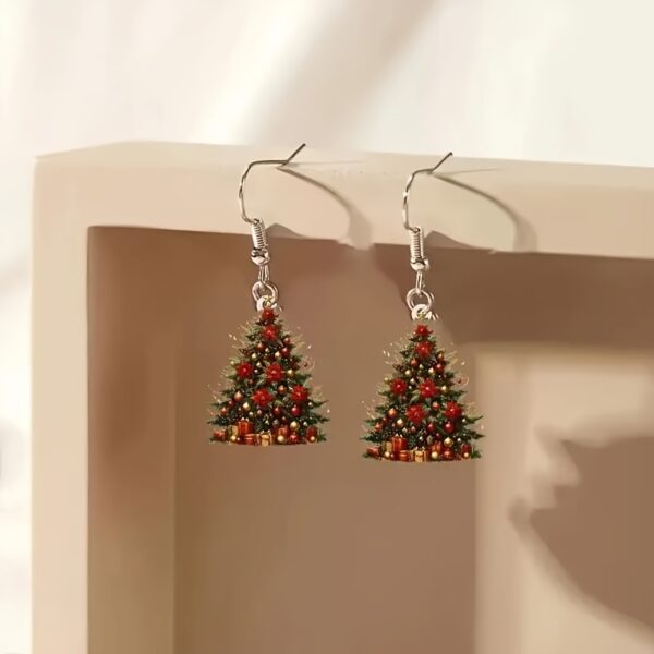 Charming vintage-inspired Christmas tree acrylic dangle earrings, lightweight and durable, perfect for holiday celebrations.