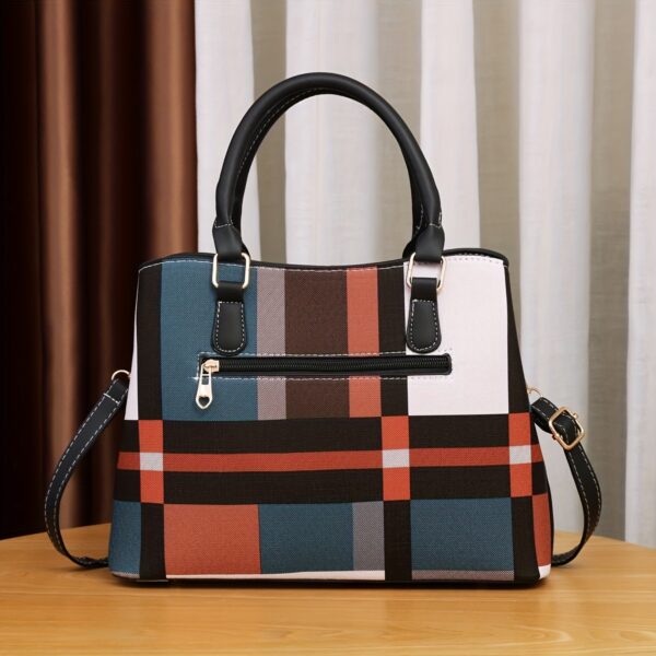 Color stitching plaid crossbody bag, PU leather textured purse, classic versatile fashion shoulder bag for everyday use.