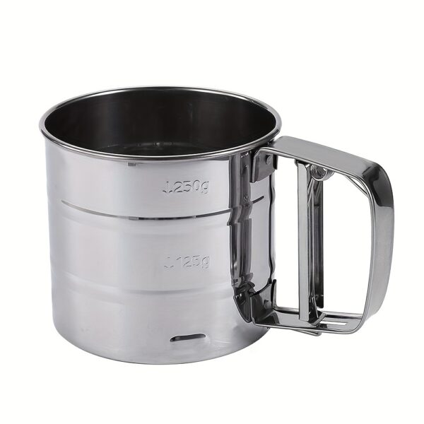 Stainless steel handheld flour sifter with double-layer fine mesh, ideal for baking and cooking.