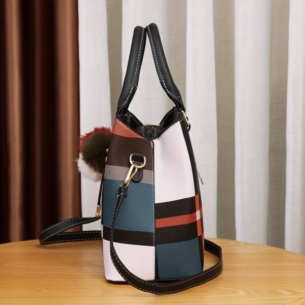 Color stitching plaid crossbody bag, PU leather textured purse, classic versatile fashion shoulder bag for everyday use.