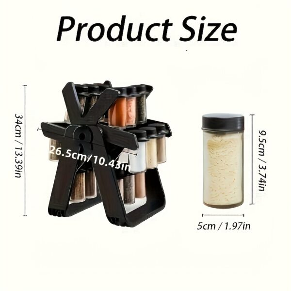 360° rotating spice rack with 18 glass jars, designed for easy access and space-saving storage.