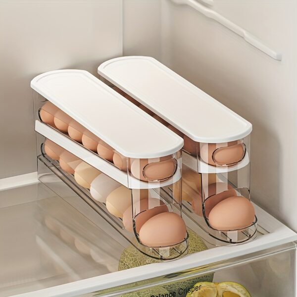 Double-layer rolling egg dispenser, automatic space-saving storage for fridge and cabinets, keeps eggs fresh, ideal for kitchen organization.