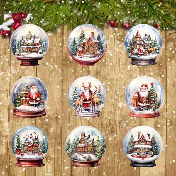 9-piece set of Christmas crystal and rustic wooden ornaments, featuring festive figures, perfect for vintage-style holiday tree and home decor.