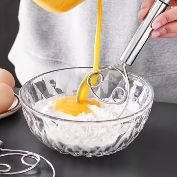 Stainless steel whisk with double-eye rings, perfect for mixing flour, beating cream, and dough mixing in baking and cooking.