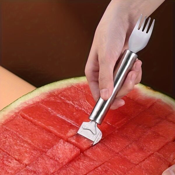 2-in-1 stainless steel watermelon slicer and fork, designed for easy and efficient cutting and serving of watermelon.