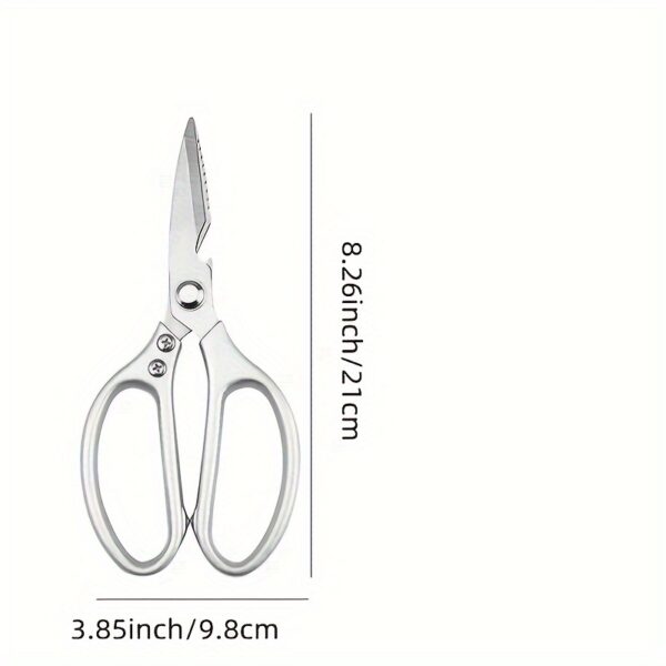 Ergonomic stainless steel kitchen scissors with comfortable handles, designed for cutting through various kitchen tasks.