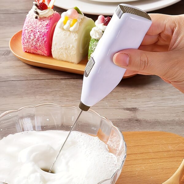 Electric milk frother and handheld eggbeater for making coffee foam, milk foam, and blending eggs, a versatile kitchen tool.