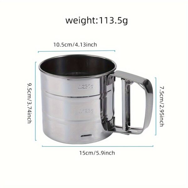 Stainless steel handheld flour sifter with double-layer fine mesh, ideal for baking and cooking.