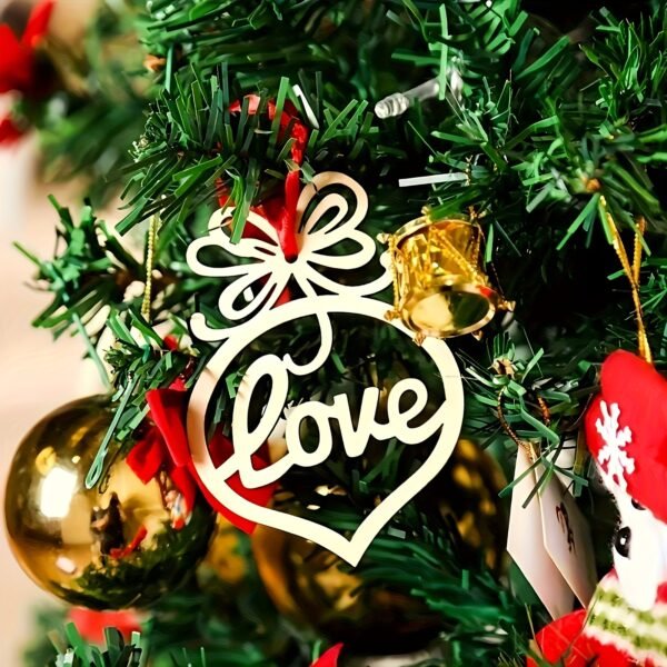 6-piece set of Christmas tree wooden ornaments, hollow-cut with inspirational words (Peace, Faith, Joy, Noel, Love, Hope) – festive wood decor.