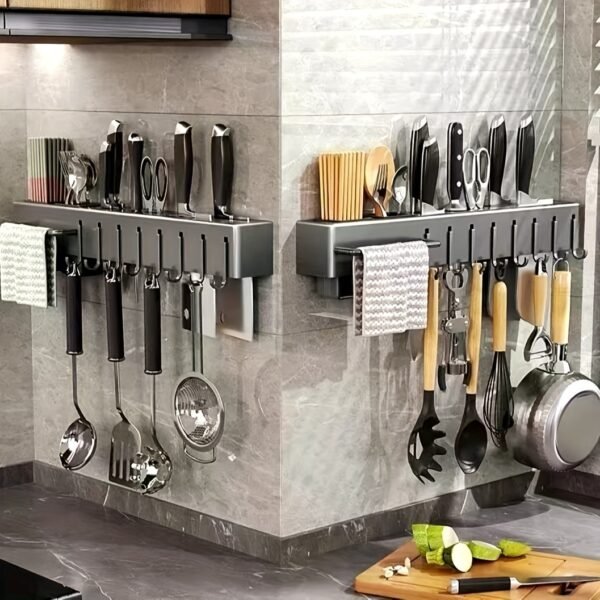 Wall-mounted carbon steel kitchen utensil holder for organizing cooking tools and utensils.