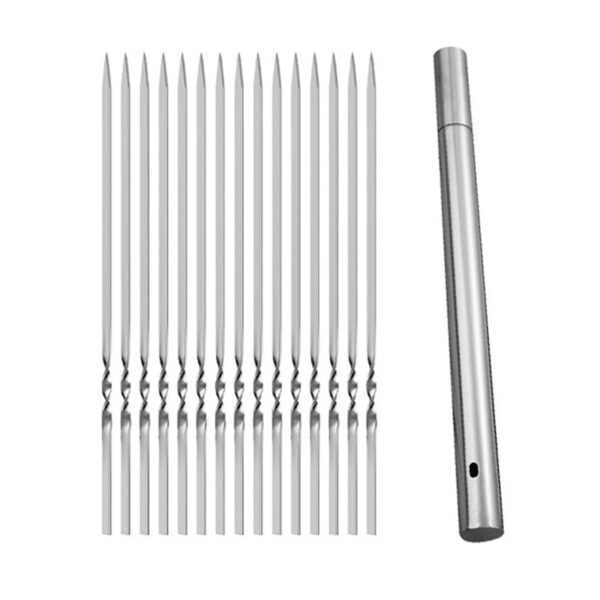 Set of 15 stainless steel BBQ skewers with flat design, ideal for grilling meat, vegetables, and more.