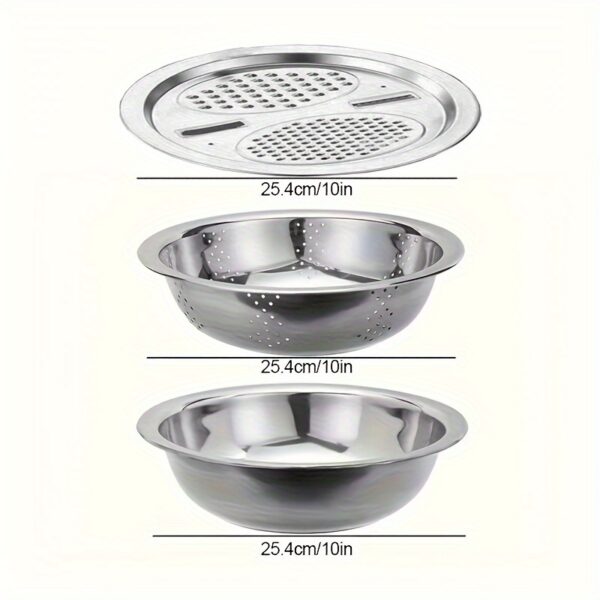 3pcs Stainless Steel Kitchen Set including slicer and strainer for efficient food preparation.