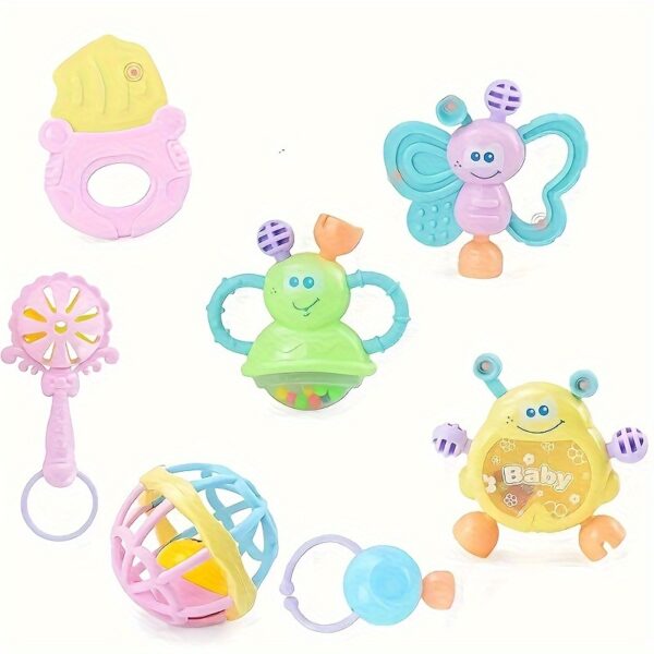 Multi-Piece Newborn Rattle Toy Set with Boilable Teether, Colorful Plastic Grip Toys, and Educational Accessories