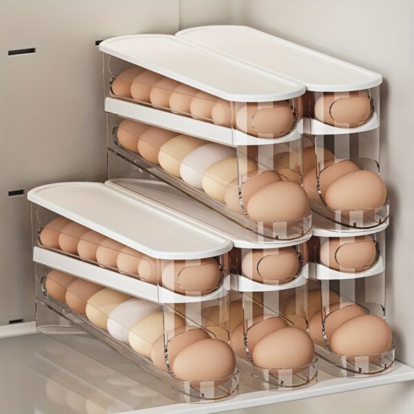 Double-layer rolling egg dispenser, automatic space-saving storage for fridge and cabinets, keeps eggs fresh, ideal for kitchen organization.