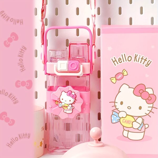 Sanrio Hello Kitty leak-proof square water bottle with straw, flip cap, and handle, portable sports bottle for girls, perfect for school and outdoor activities.