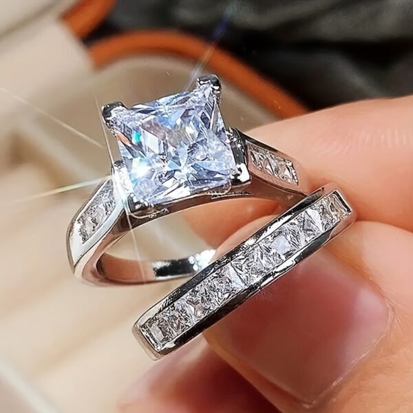 Stylish men's and women's couple jewelry set featuring shiny square cubic zirconia wedding rings, perfect for engagement, anniversaries, or special occasions.