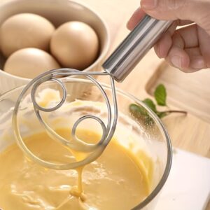 Stainless steel whisk with double-eye rings, perfect for mixing flour, beating cream, and dough mixing in baking and cooking.