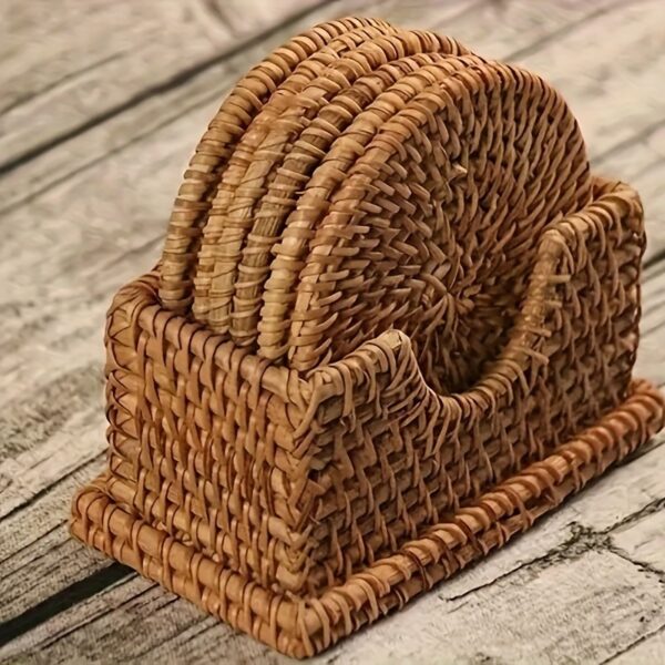 Handcrafted rattan coasters with autumn vine design, perfect for protecting surfaces from drink marks.