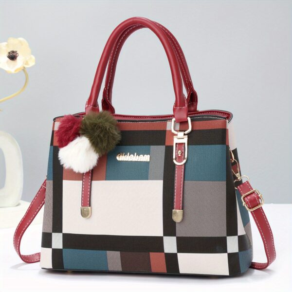 Color stitching plaid crossbody bag, PU leather textured purse, classic versatile fashion shoulder bag for everyday use.