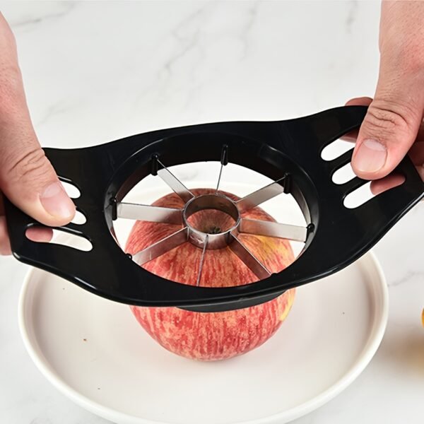 Stainless steel apple slicer and corer, designed for quickly slicing and coring apples with ease.