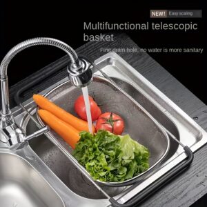 1pc sink colander, vegetable washing basket, fruit drain rack, stainless steel strainer basket, adjustable multifunctional sink rack.