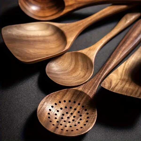 Wooden Cooking Utensil Set including spoons, spatula, and turner, perfect for non-stick cookware