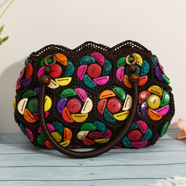 boho chic clutch, coconut shell purse, ethnic style bag, geometric pattern clutch, vintage boho accessory