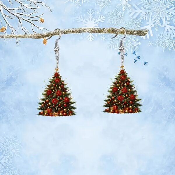 Charming vintage-inspired Christmas tree acrylic dangle earrings, lightweight and durable, perfect for holiday celebrations.