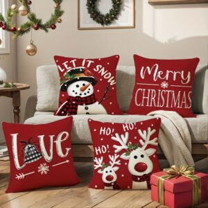 4pcs set of red Christmas throw pillow covers with snowman and deer designs for holiday décor