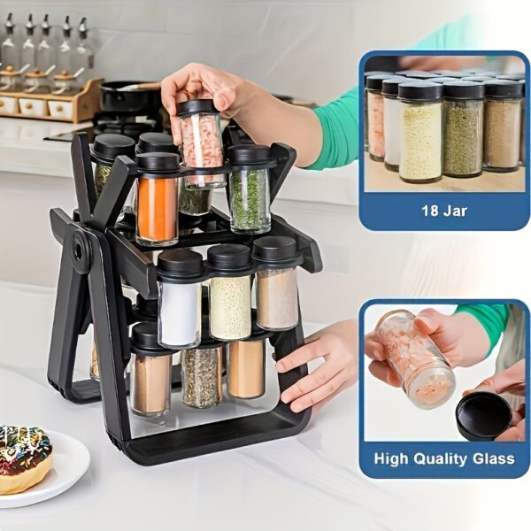 360° rotating spice rack with 18 glass jars, designed for easy access and space-saving storage.