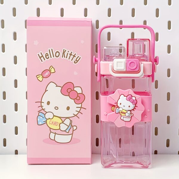 Sanrio Hello Kitty leak-proof square water bottle with straw, flip cap, and handle, portable sports bottle for girls, perfect for school and outdoor activities.