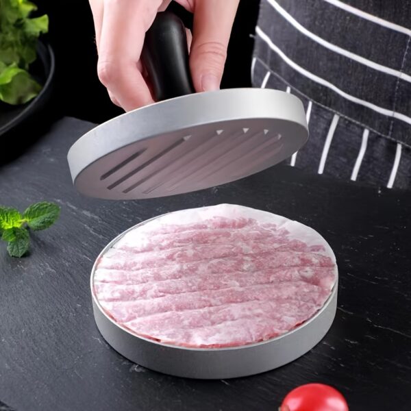 Manual non-stick hamburger meat press for home kitchen, breakfast pancake maker, and hamburger patty mold.