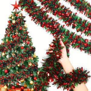 4M Christmas tinsel garland in red and green, made of plastic strips, ideal for tree, fence, and door frame decorations. No feathers or electricity required.