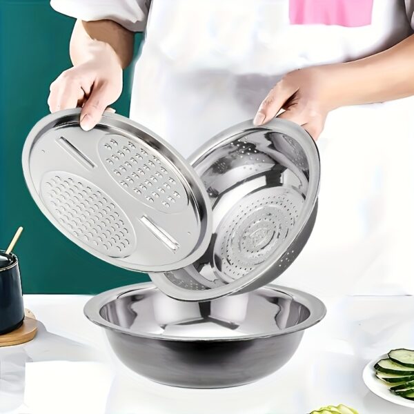 3pcs Stainless Steel Kitchen Set including slicer and strainer for efficient food preparation.