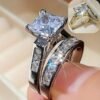Stylish men's and women's couple jewelry set featuring shiny square cubic zirconia wedding rings, perfect for engagement, anniversaries, or special occasions.