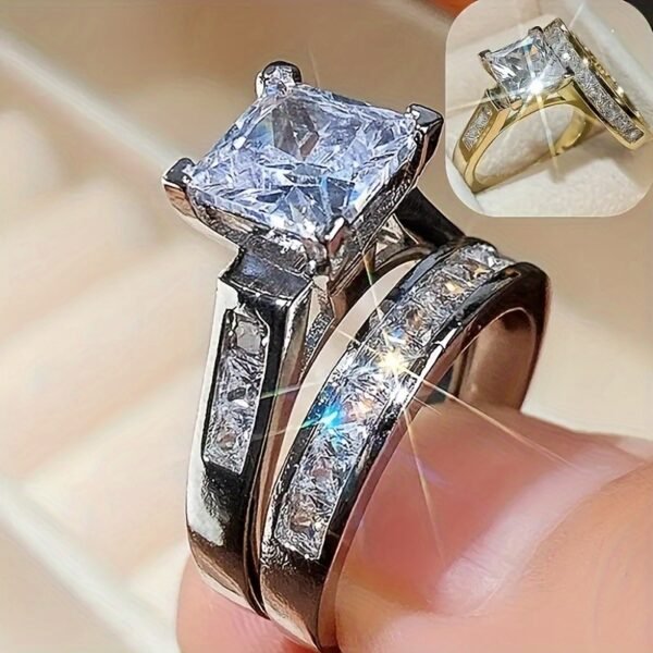 Stylish men's and women's couple jewelry set featuring shiny square cubic zirconia wedding rings, perfect for engagement, anniversaries, or special occasions.