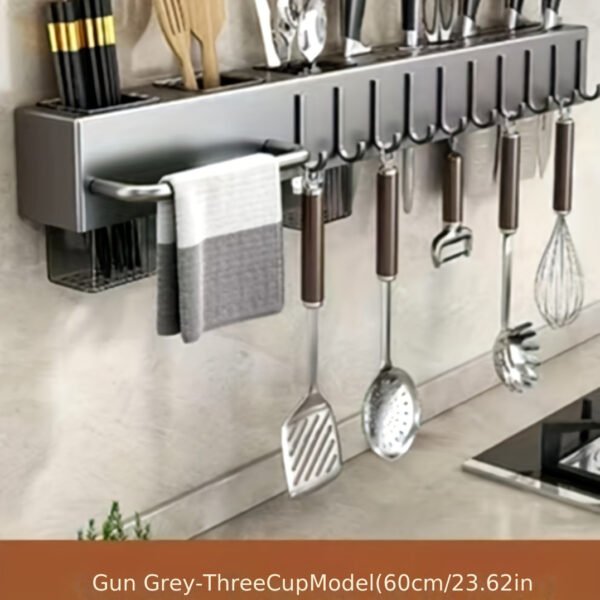 Wall-mounted carbon steel kitchen utensil holder for organizing cooking tools and utensils.