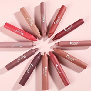 12 colors misty matte lipstick, moisturizing lip gloss with easy-to-apply color rendering, rotating lipstick pen for smooth lip makeup.