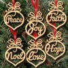 6-piece set of Christmas tree wooden ornaments, hollow-cut with inspirational words (Peace, Faith, Joy, Noel, Love, Hope) – festive wood decor.
