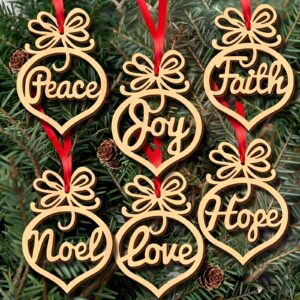 6-piece set of Christmas tree wooden ornaments, hollow-cut with inspirational words (Peace, Faith, Joy, Noel, Love, Hope) – festive wood decor.